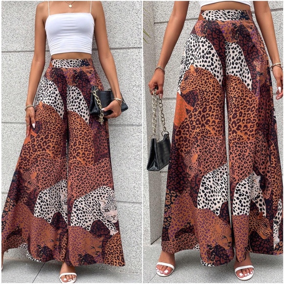 Leopard Animal Print High Waisted Palazzo Wide Leg Pants - Picture 1 of 4
